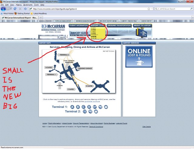 Screenshot of McCarran International Airport's website with a handwritten caption: "Small is the new big"
